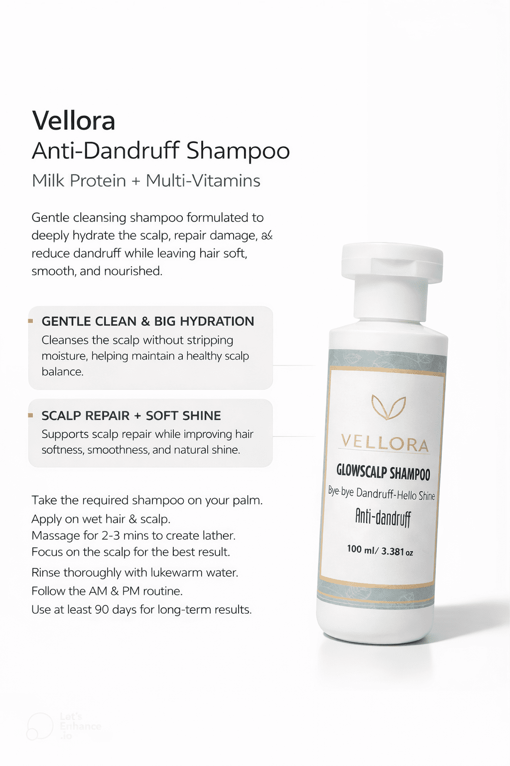 Step-by-step usage instructions for Vellora GlowScalp anti-dandruff shampoo for clean, healthy scalp