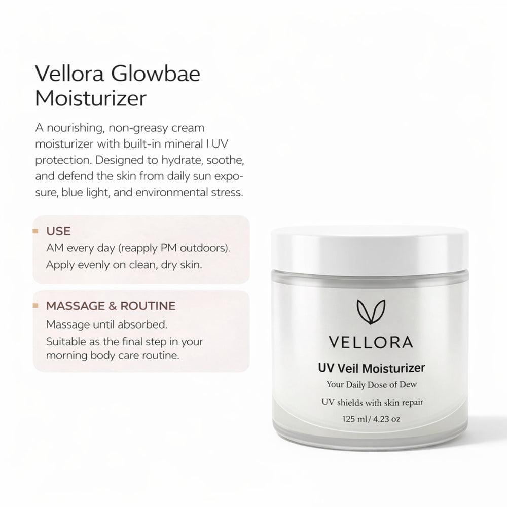 Vellora UV Veil Moisturizer jar displayed with usage instructions showing daily morning application, massage until absorbed, and use as the final step in a body care routine.