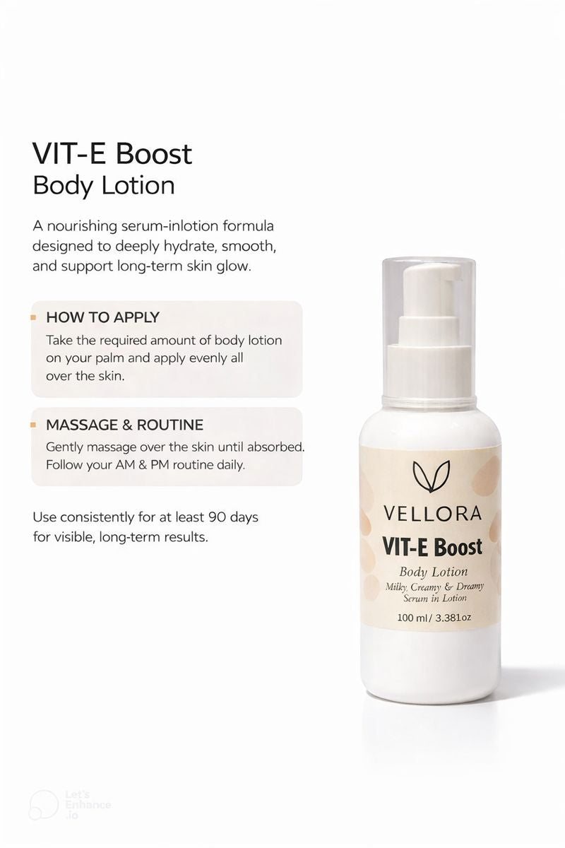 How to apply Vellora VIT-E Boost Body Lotion showing daily body care routine for smooth, hydrated, and glowing skin