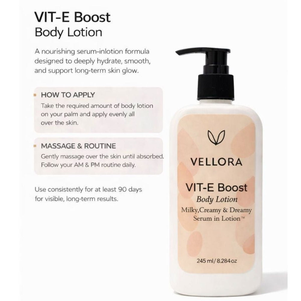 Vellora VIT-E Boost Body Lotion with application instructions for daily use to hydrate, smooth, and improve skin glow