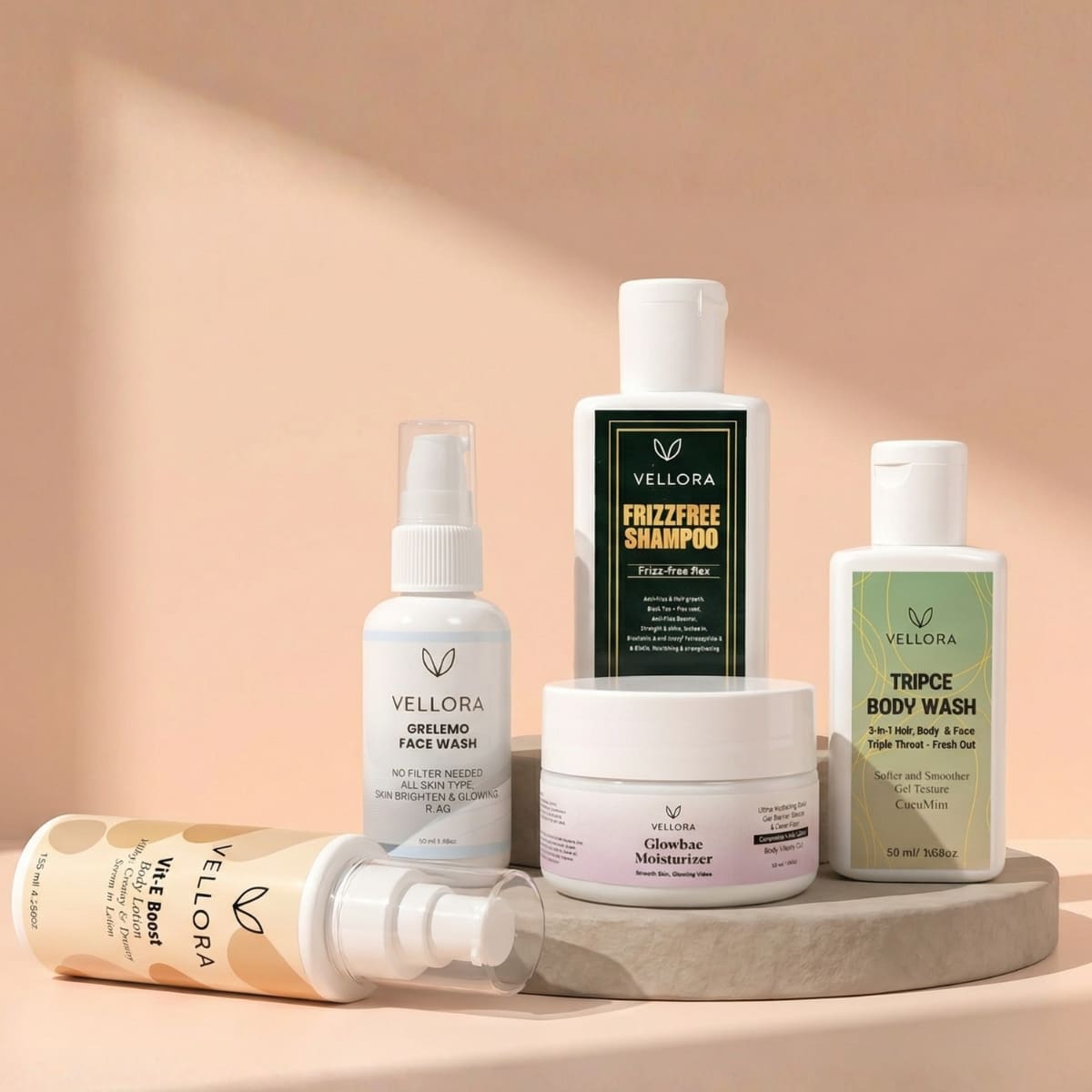 Vellora Pocket Care Essentials combo featuring mini face wash, frizz-free shampoo, body wash, Glowbae moisturizer, and Vit-E Boost lotion for on-the-go skincare