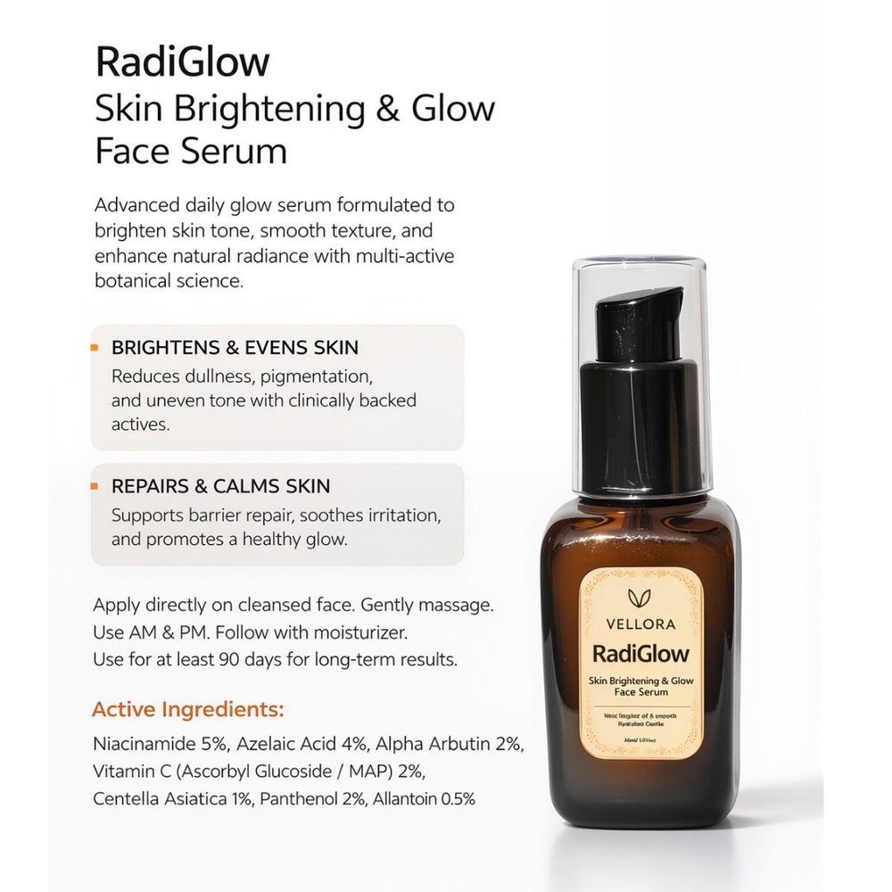 RadiGlow face serum by Vellora displayed with usage instructions and benefits for brightening dull skin, calming irritation, and repairing the skin barrier.