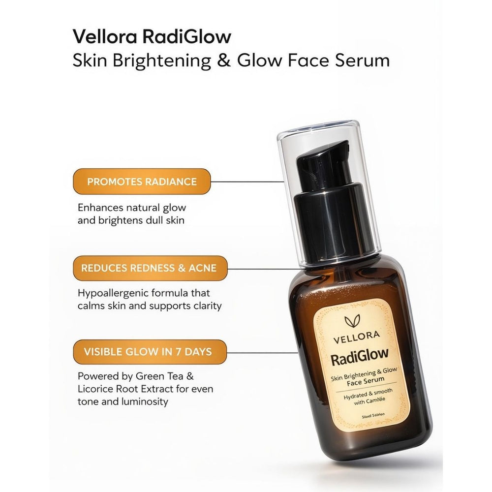 Vellora RadiGlow skin brightening and glow face serum with features listed on a white background