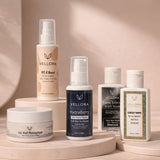Vellora The Pocket Edit combo with mini face wash, Vit-E Boost lotion, UV Veil moisturizer, body wash, and anti-dandruff shampoo for everyday carry