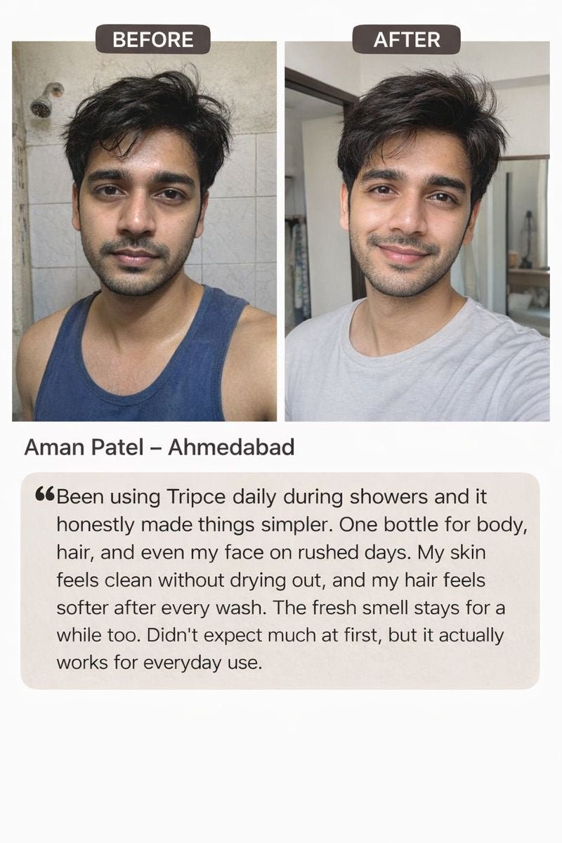 Before and after results of Vellora Tripce Body Wash showing cleaner, refreshed skin and healthier hair after daily use by a customer from Ahmedabad