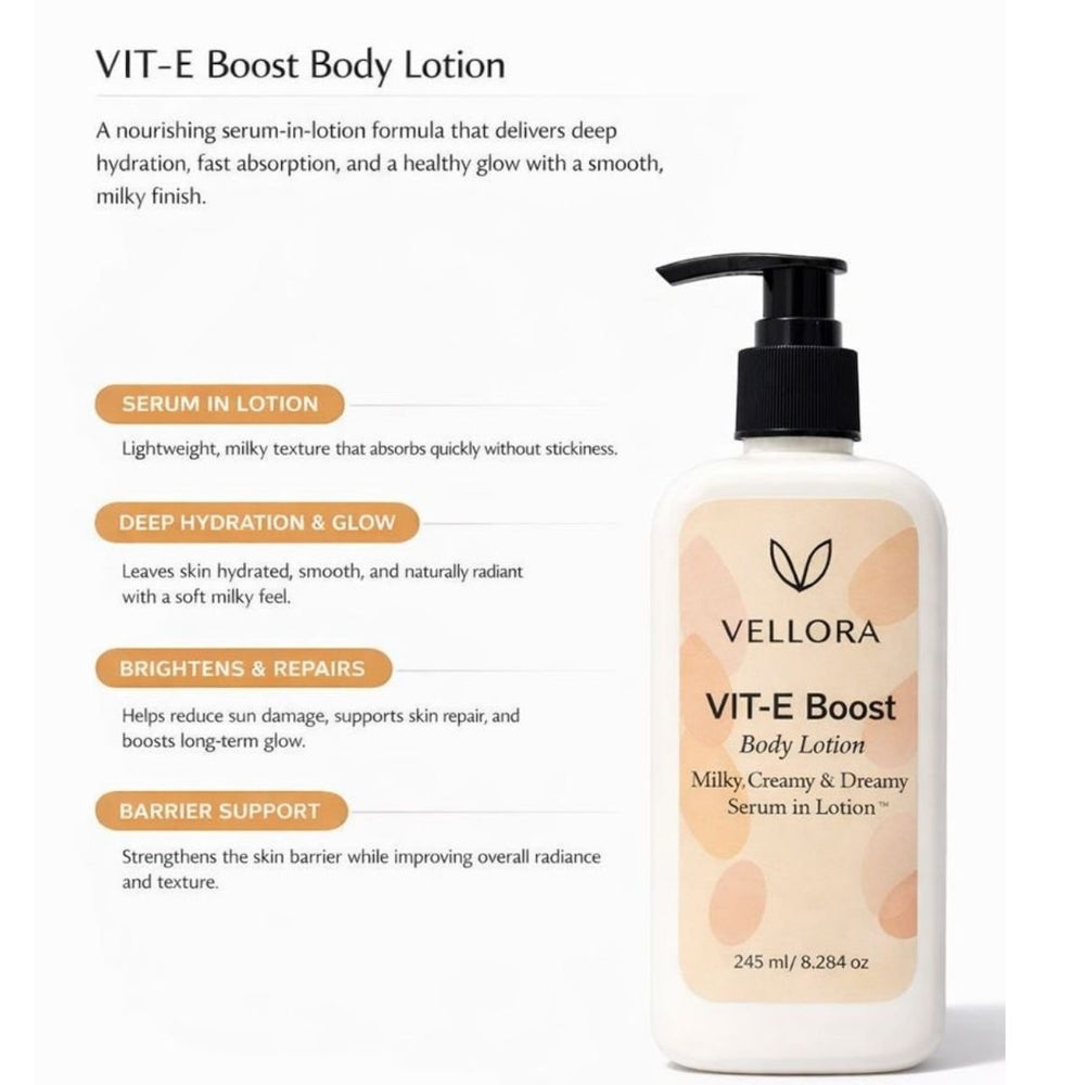 Vellora VIT-E Boost Body Lotion bottle showing benefits including serum-in-lotion texture, deep hydration, skin brightening, and barrier support