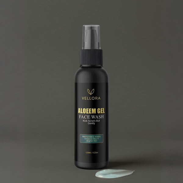 Vellora Aloeem Gel Face Wash for acne-prone skin, gentle aloe vera and niacinamide face cleanser that helps control acne, reduce excess oil, and brighten skin naturally.