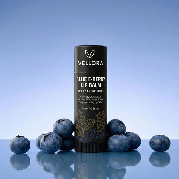 Vellora Blue E-Berry Lip Balm with real blueberries, deeply nourishing berry lip balm enriched with vitamin E, olive oil and shea butter for soft, smooth and hydrated lips.