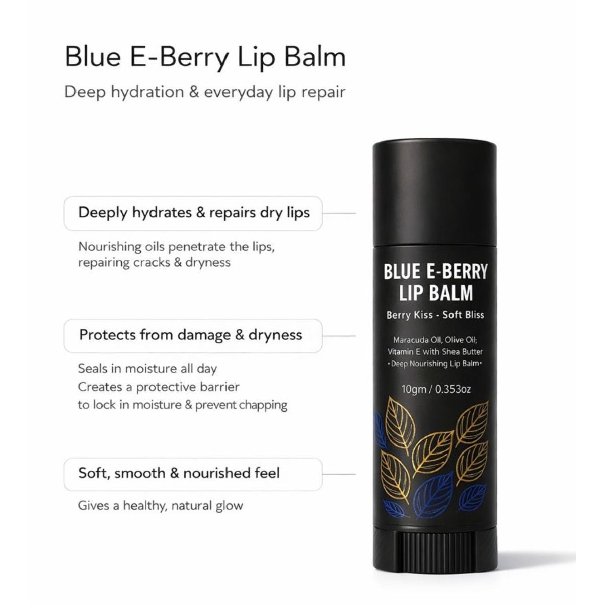 Vellora Blue E-Berry Lip Balm product image highlighting deep hydration, lip repair, and everyday moisture protection.