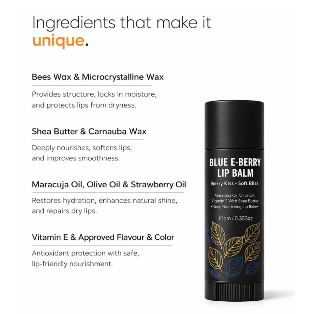 Ingredients infographic of Vellora Blue E-Berry Lip Balm showing beeswax, shea butter, maracuja oil, olive oil, strawberry oil, and vitamin E.