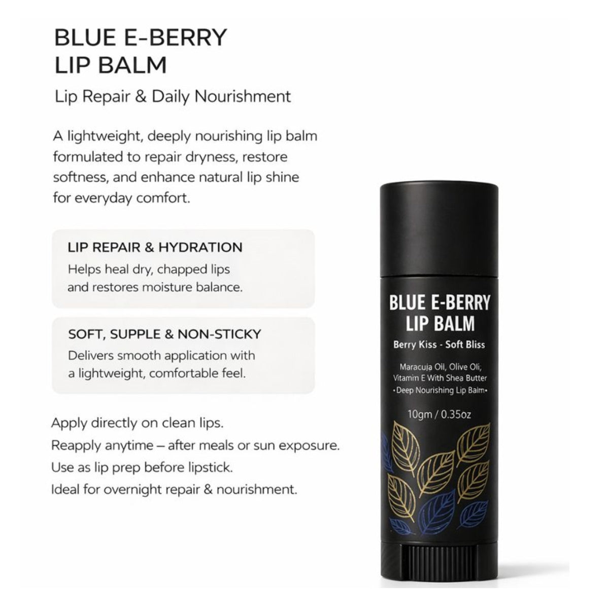 Vellora Blue E-Berry Lip Balm description image explaining lip repair, hydration, soft non-sticky texture, and daily usage.