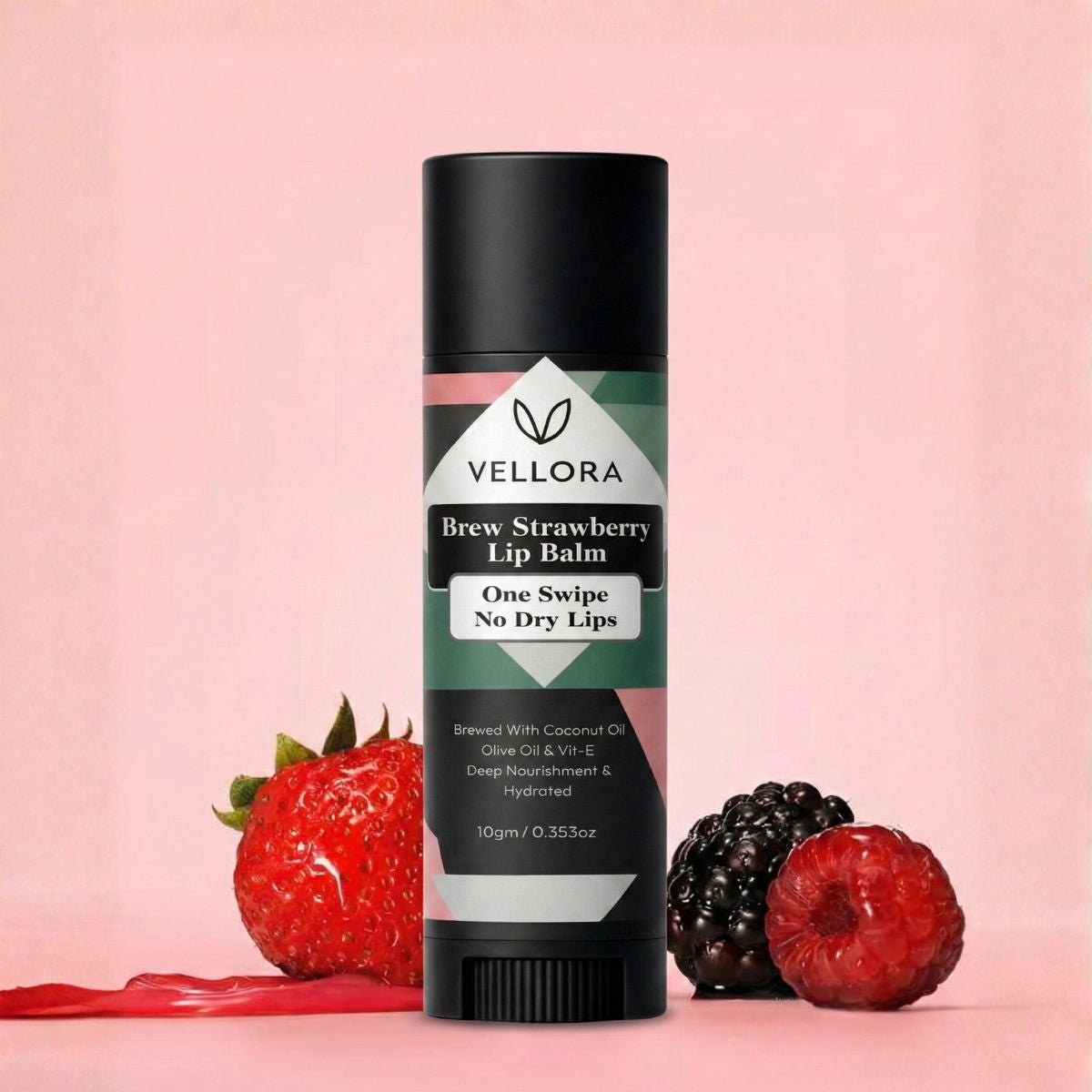Vellora Brew Strawberry Lip Balm with fresh strawberry and berry extracts, hydrating lip balm enriched with coconut oil, olive oil and vitamin E for soft, smooth, non-dry lips.