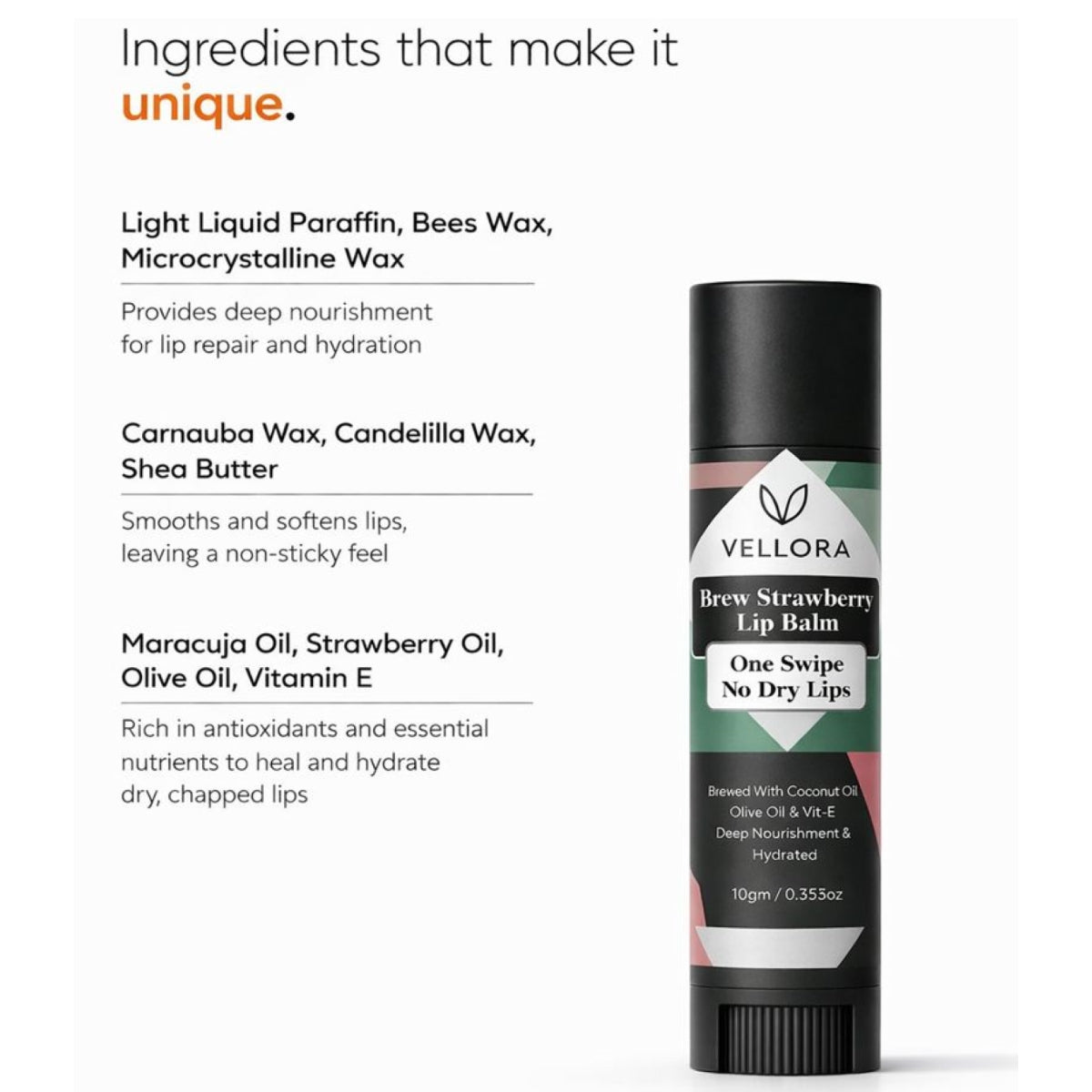 Ingredients infographic of Vellora Brew Strawberry Lip Balm showing liquid paraffin, beeswax, shea butter, maracuja oil, strawberry oil, olive oil, and vitamin E.