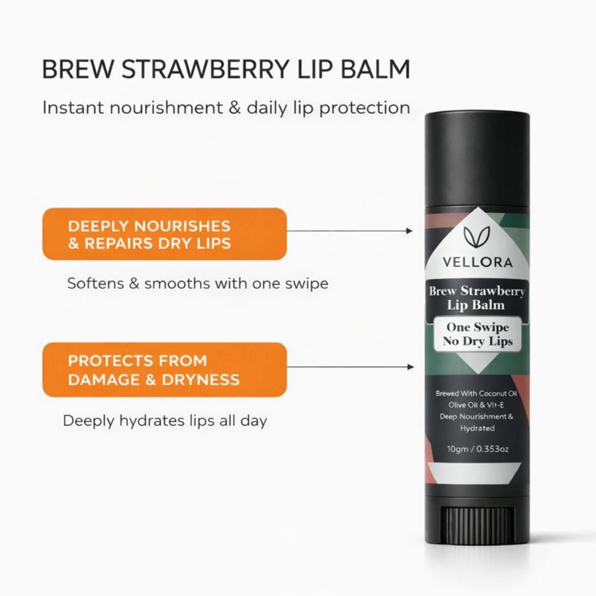 Vellora Brew Strawberry Lip Balm product image highlighting instant nourishment, dry lip repair, and daily lip protection.