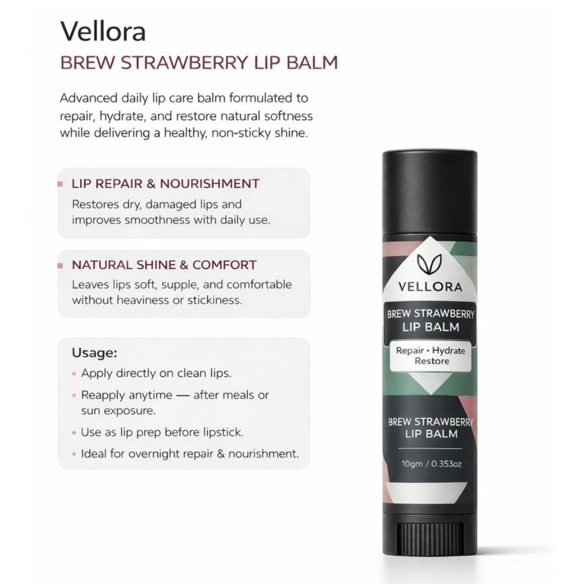 Vellora Brew Strawberry Lip Balm description image explaining lip repair, hydration, natural shine, and daily usage instructions.