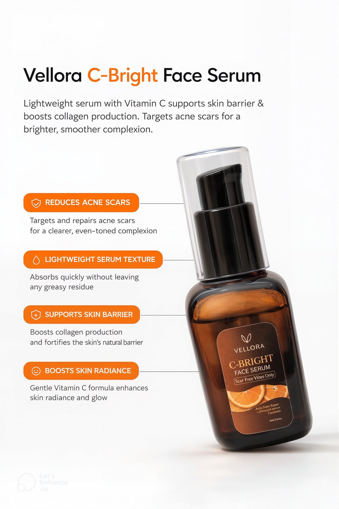 Vellora C-Bright Face Serum bottle highlighting vitamin C benefits for acne scars, skin barrier repair, and brighter complexion