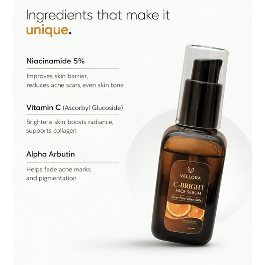 Vellora C-Bright Face Serum ingredients including vitamin C, niacinamide 5 percent, and alpha arbutin for pigmentation and acne marks
