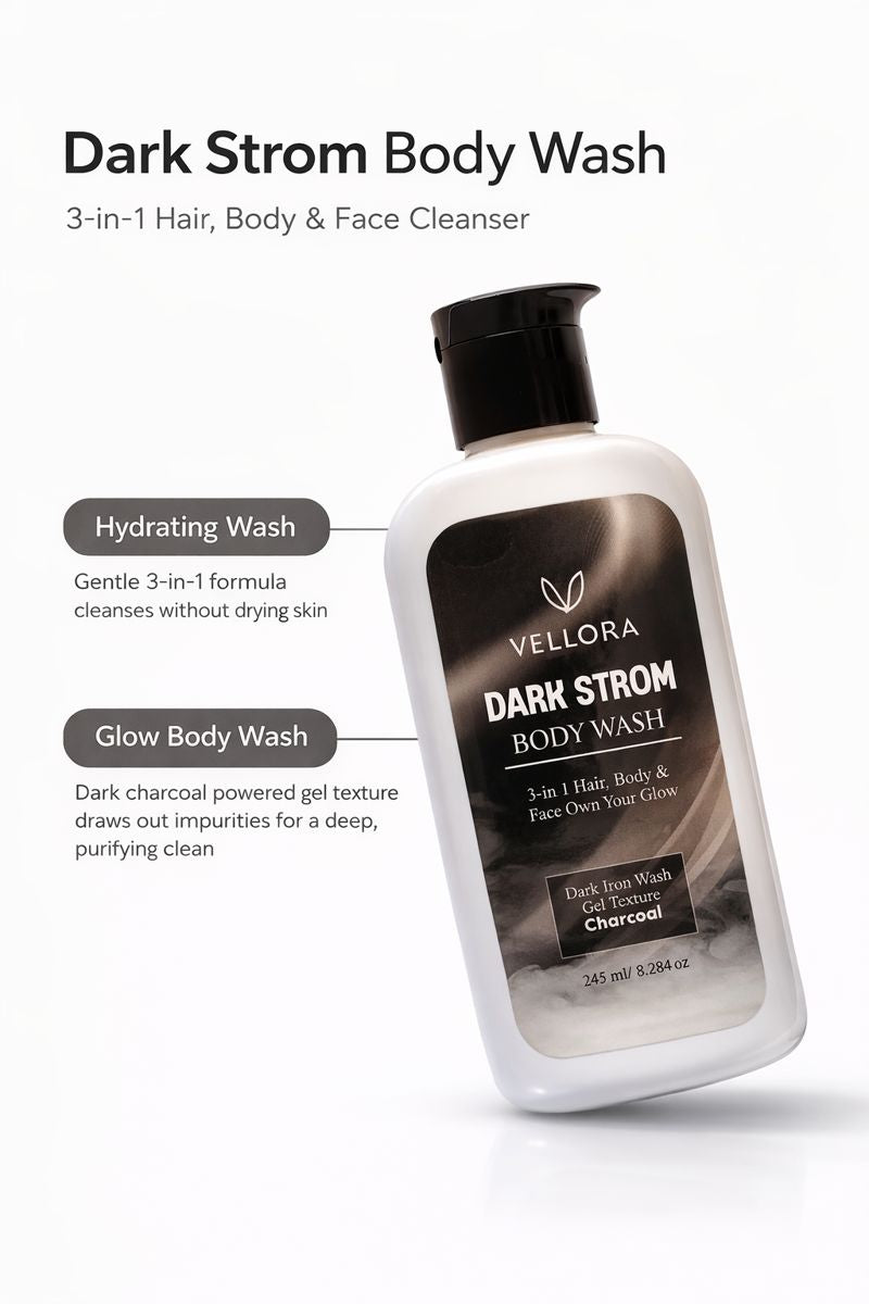 Vellora Dark Strom Body Wash bottle with charcoal gel texture highlighting hydrating 3-in-1 hair, body and face cleansing benefits