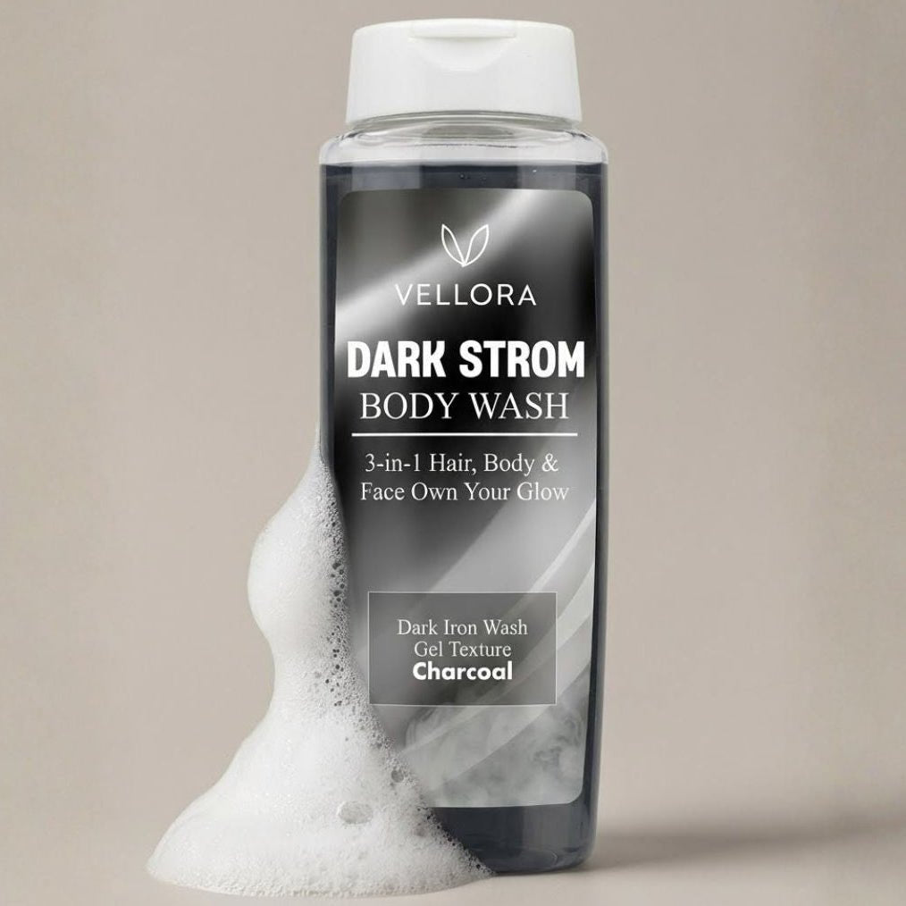 Vellora Dark Strom Body Wash with charcoal gel texture and foam, 3-in-1 body wash for hair, body and face, deep cleansing charcoal wash for sweat, oil control and daily shower use.