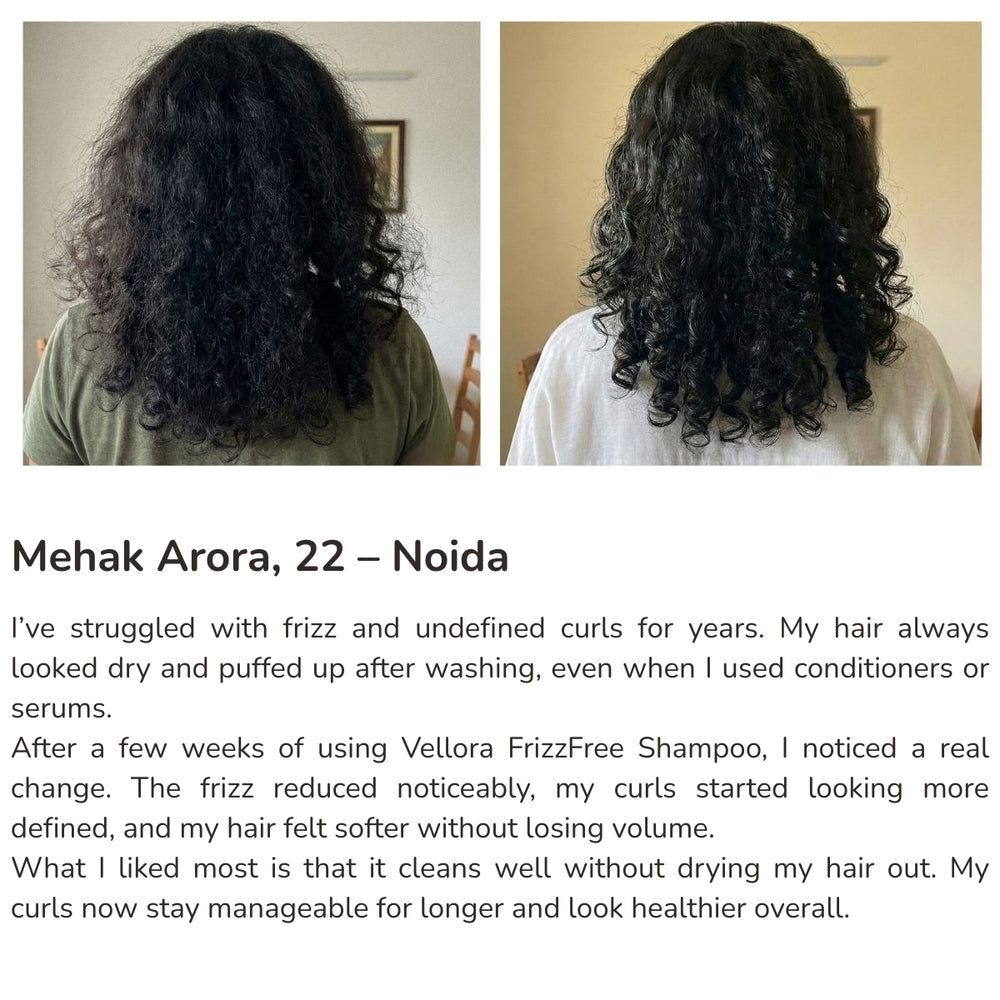 Before and after hair results showing reduced frizz, smoother texture, and improved manageability after using Vellora Frizz-Free Shampoo consistently