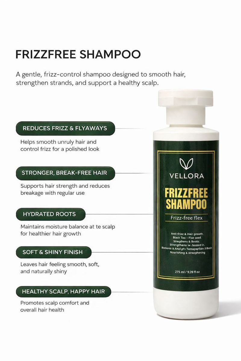Vellora Frizz-Free Shampoo bottle highlighting frizz control, stronger hair, hydrated roots, and soft shiny finish for healthier scalp and hair
