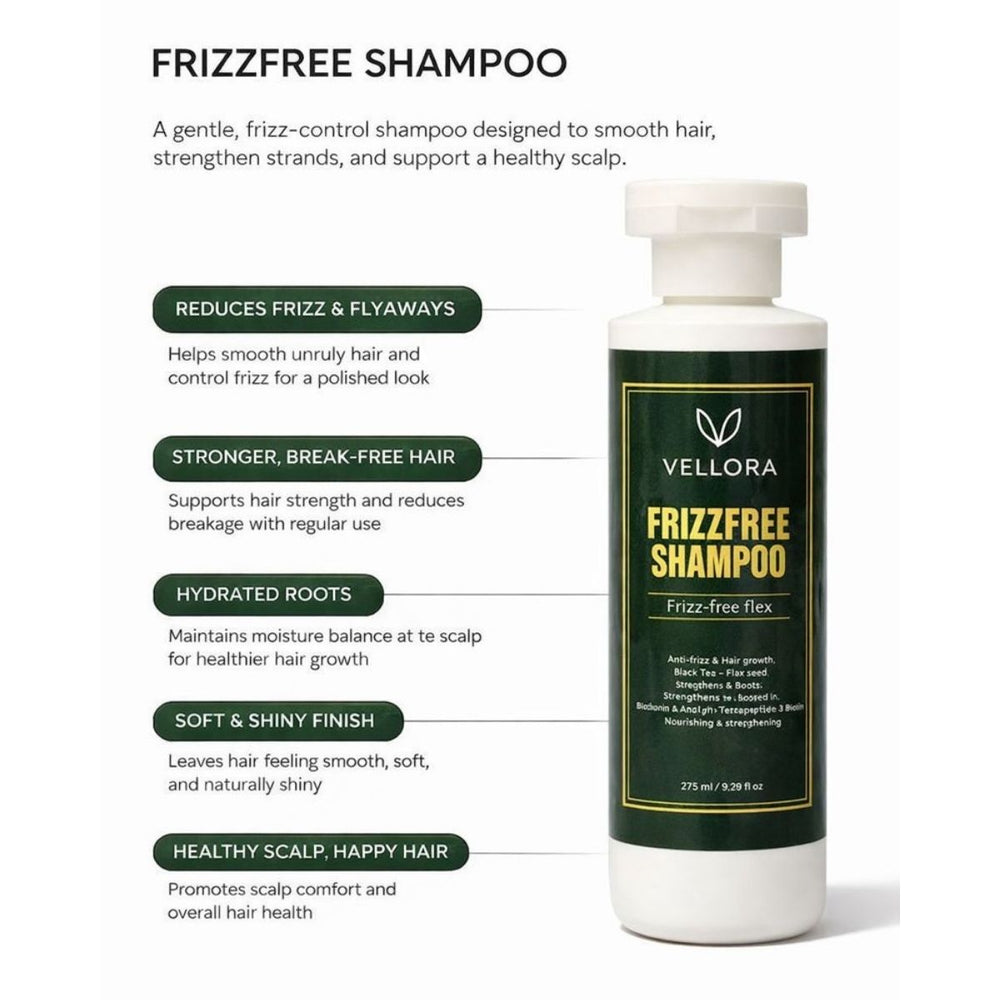 Vellora Frizz-Free Shampoo bottle highlighting frizz control, stronger hair, hydrated roots, and soft shiny finish for healthier scalp and hair