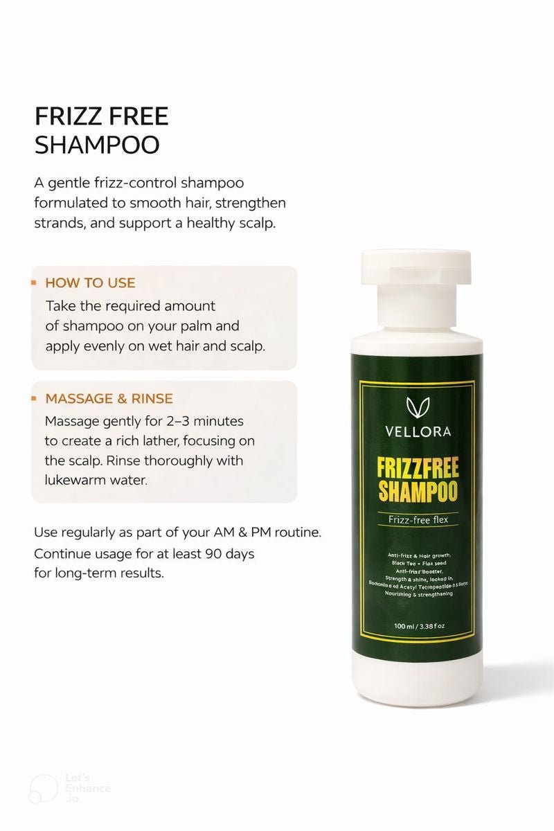 Vellora FrizzFree Shampoo bottle highlighting frizz reduction, stronger hair, hydrated roots, and smooth shiny finish