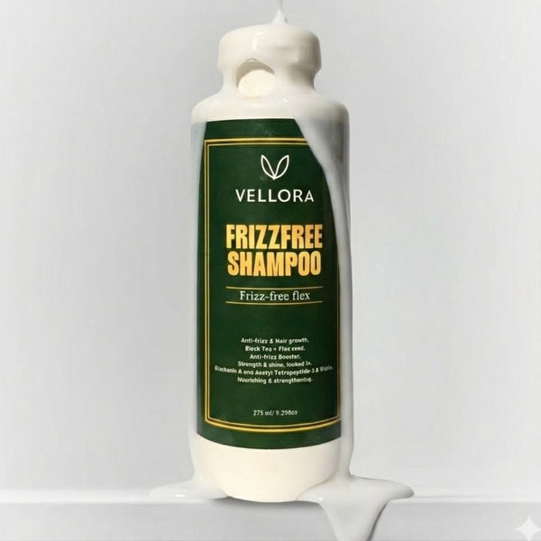 Vellora Frizzfree Shampoo with creamy texture, anti-frizz hair shampoo enriched with rice extract, flaxseed and strengthening actives to reduce frizz, smooth hair and add shine.