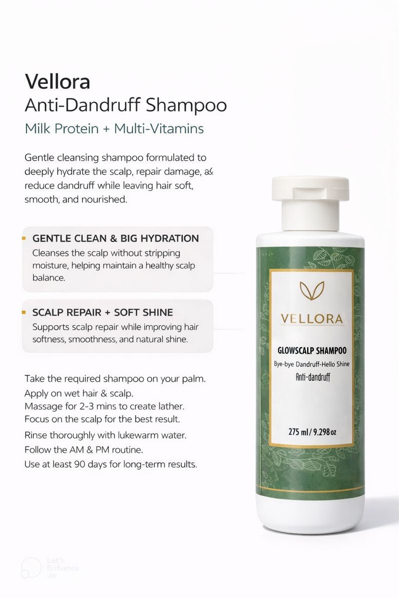 Vellora GlowScalp anti-dandruff shampoo bottle with usage instructions and benefits for hydrated scalp and soft, shiny hair