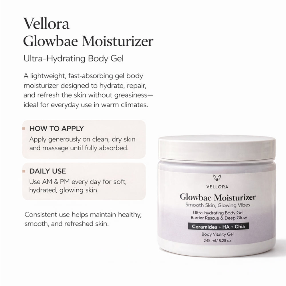 Vellora Glowbae Moisturizer ultra-hydrating body gel showing product description, how-to-apply instructions, and daily AM PM usage.