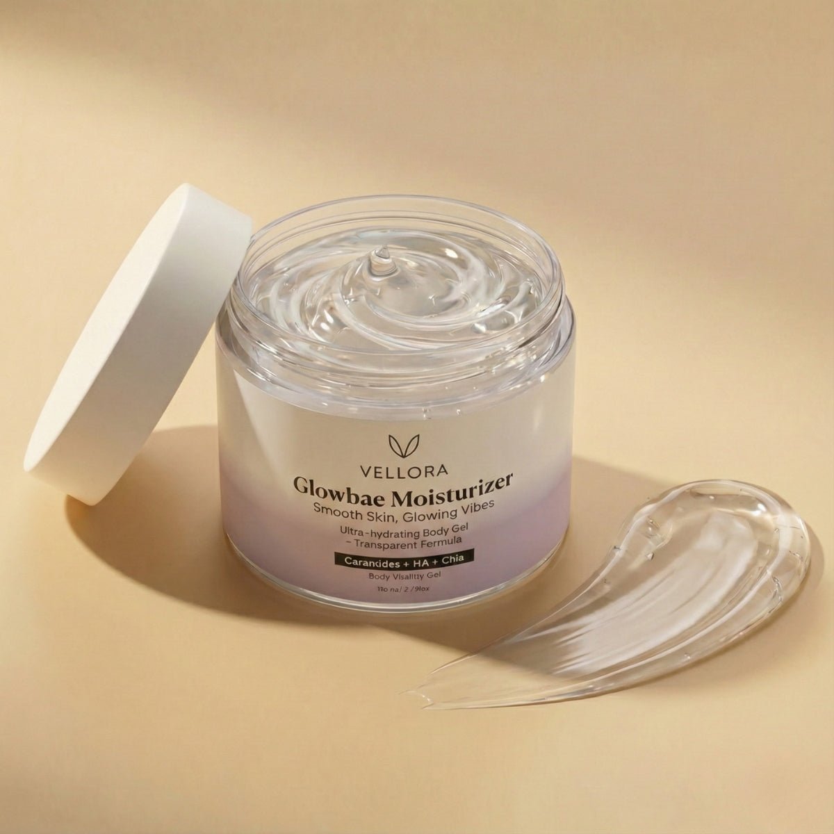 Vellora Glowbae Moisturizer jar with water ripple effect, ultra-hydrating moisturizer with ceramides, hyaluronic acid, and chia for glowing skin