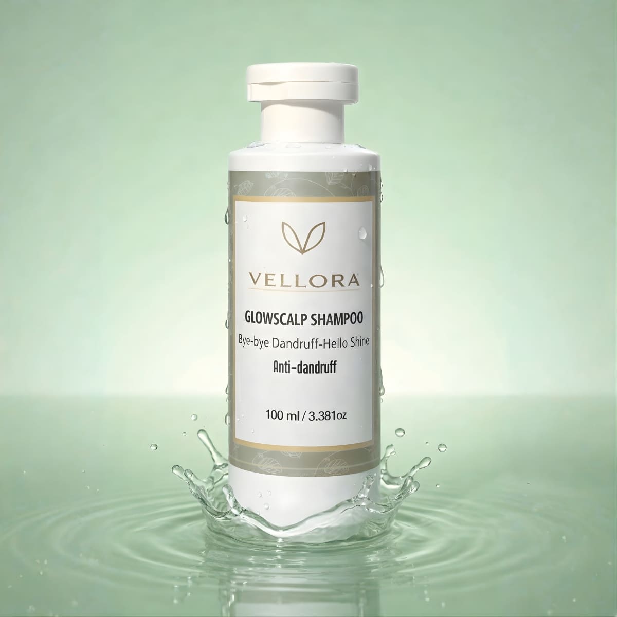 Vellora Glowscalp Anti-Dandruff Shampoo bottle on water ripple background, scalp care shampoo to fight dandruff, reduce flakes and add healthy shine for clean, refreshed hair.