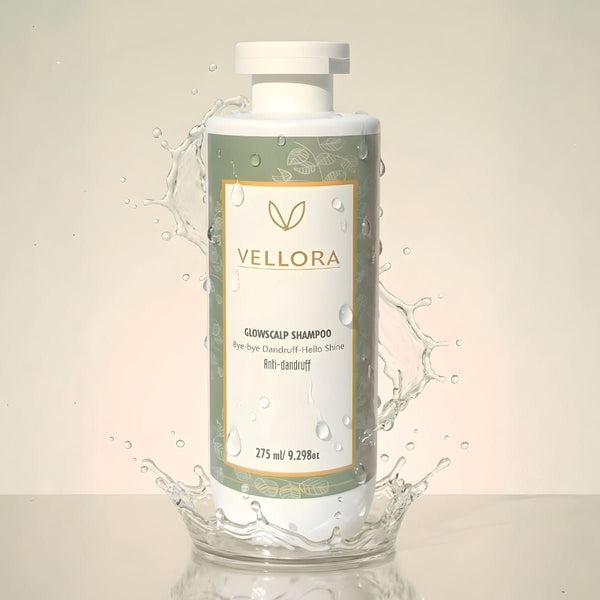 Vellora Glowscalp Shampoo anti-dandruff formula with refreshing gel texture, scalp-clearing shampoo designed to reduce dandruff, soothe itchy scalp and restore healthy shine.
