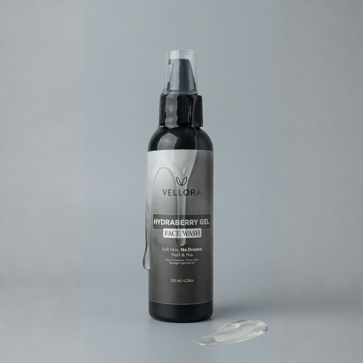 Vellora HydraBerry Gel Face Wash bottle with gel texture shown, designed for dry and sensitive skin with a non-stripping, soothing formula.