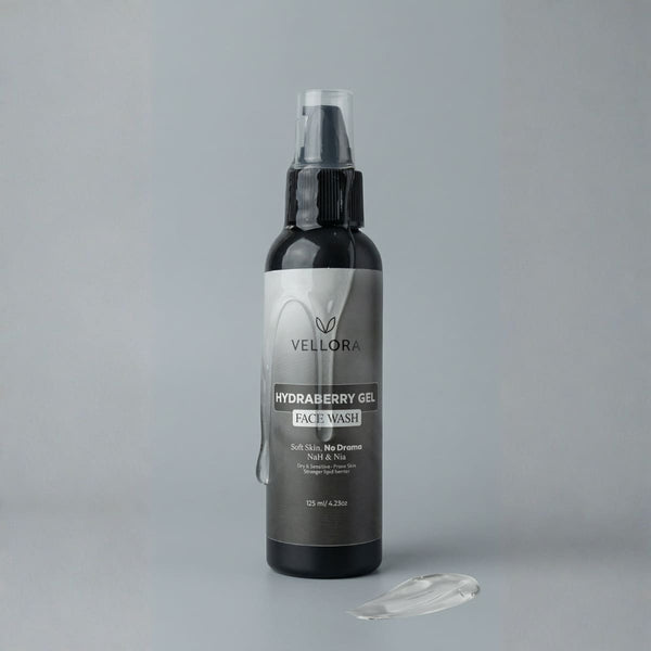 Vellora HydraBerry Gel Face Wash bottle with gel texture shown, designed for dry and sensitive skin with a non-stripping, soothing formula.