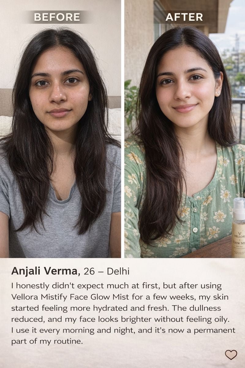 Before and after comparison of a woman showing brighter, more hydrated skin after using Vellora Mistify Face Glow Mist regularly.