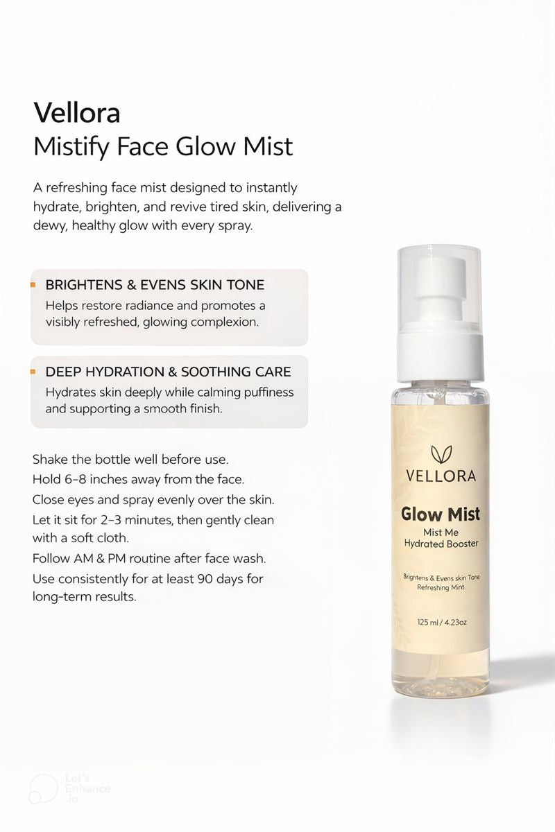 Vellora Mistify Face Glow Mist shown with usage instructions, designed to hydrate, brighten, and refresh dull skin with a lightweight, non-greasy formula.