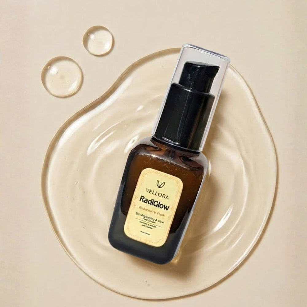 Vellora RadiGlow Face Serum bottle with outer box placed on water surface, skin brightening and glow serum for radiant, hydrated skin, suitable for daily skincare routine in Indian climate.