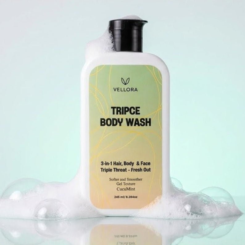 Vellora Tripce Body Wash with foam bubbles, 3-in-1 gel body wash for hair, body and face, refreshing Cucumint cleanser for sweat removal, oil control and daily shower use.