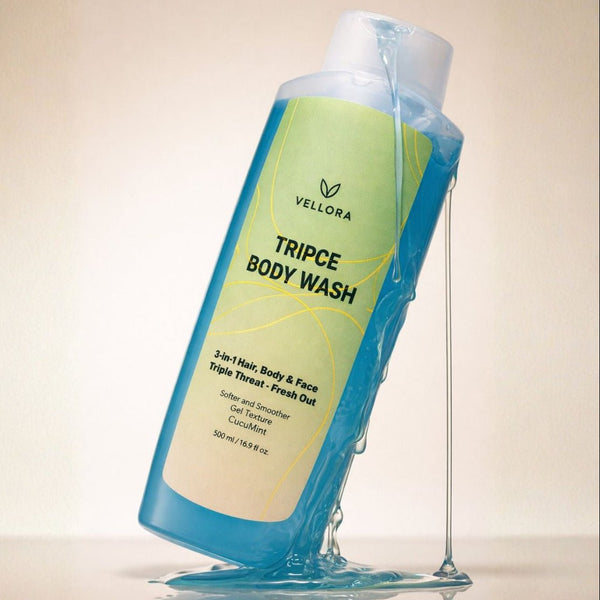 Vellora Tripce Body Wash bottle with gel texture flow, 3-in-1 body wash for hair, body and face, refreshing Cucumint cleanser for sweat control, freshness and daily use.