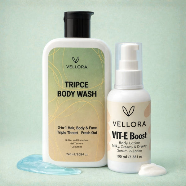 Vellora Tripce Body Wash and Vit-E Boost Body Lotion captured with water splash, showcasing 3-in-1 body wash and vitamin E nourishing body lotion for fresh, hydrated skin