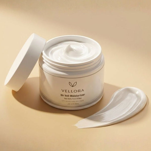 Vellora UV Veil Moisturizer cream jar with smooth texture, daily face moisturizer with UV protection, hydrating and skin-repair formula for soft, glowing skin.