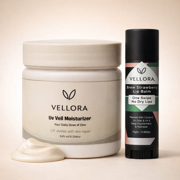 Vellora Glowbae Moisturizer jar with ceramides, hyaluronic acid and chia paired with Blue E-Berry lip balm, showcasing deep hydration, smooth skin glow and soft nourished lips