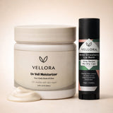 Vellora Glowbae Moisturizer jar with ceramides, hyaluronic acid and chia paired with Blue E-Berry lip balm, showcasing deep hydration, smooth skin glow and soft nourished lips