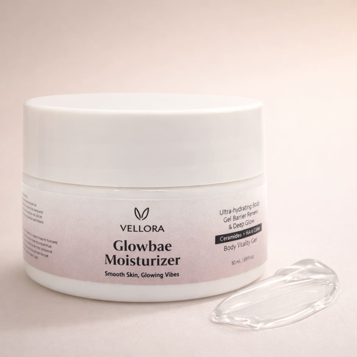 Vellora Glowbae Moisturizer 50ml with ceramides for deep hydration, smooth skin and glowing vibes, lightweight gel cream