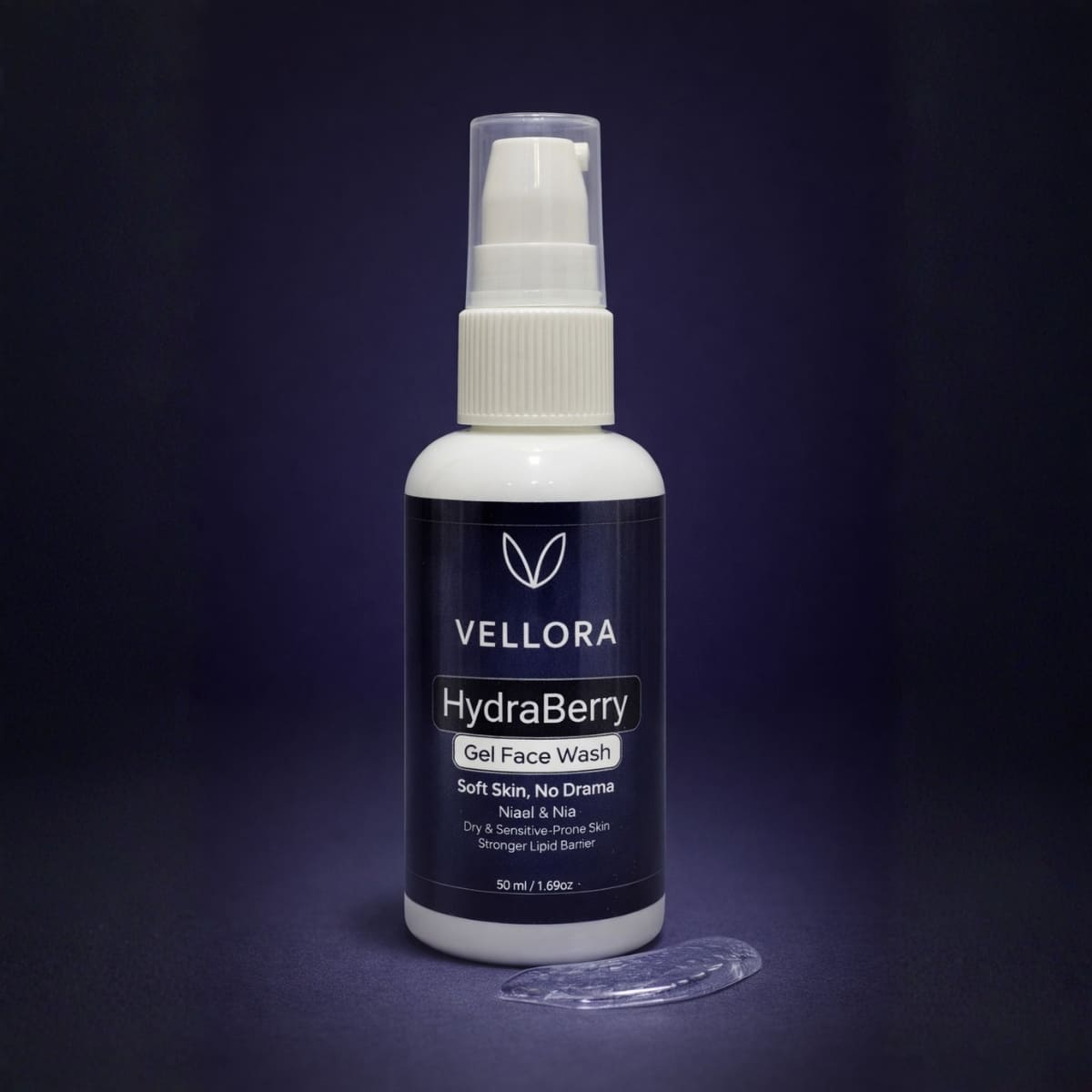 Vellora HydraBerry gel face wash 50 ml with niacinamide and hyaluronic acid, gentle cleanser for dry and sensitive skin